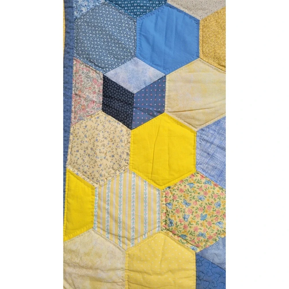 Vintage‎ Baby Crib Quilt 40x56 Yellow Blue Patchwork Tumbling Blocks
